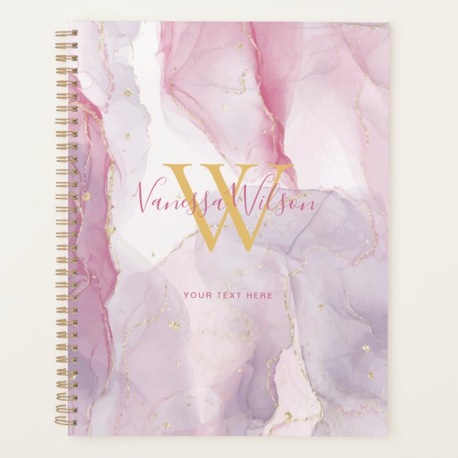 Agenda Script Monograma Dourado de Cor de Água Rosa (Frente)