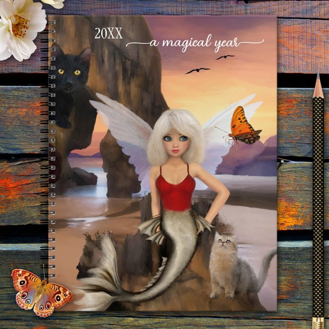Agenda Sereia Gatos Fantasia Surreal (Planner featuring a fine art painting by Anne Vis with a mermaid surrounded by her cat friends)