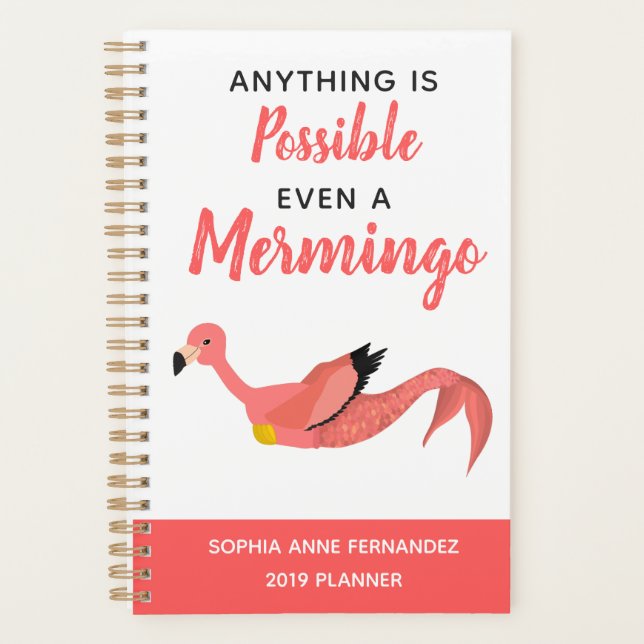 Agenda Sereia Inspiradora Engraçada Flamingo Mermingo (Frente)
