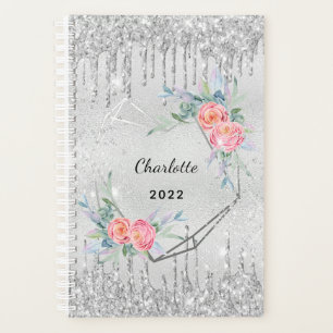 Agenda Silver floral brilho pincel cor-de-rosa geo 2022