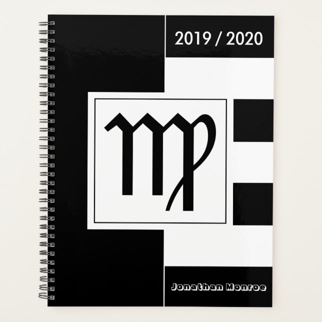 Agenda Símbolo Zodiano Personalizado Virgo Preto e Branco (Frente)
