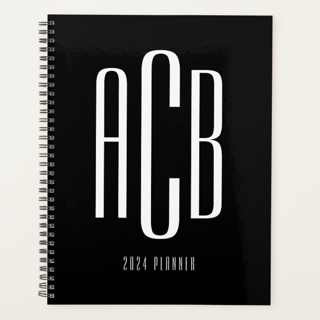 Agenda Simples Preto e Branco Três Letras Monograma Azul (Frente)