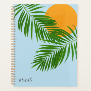 Agenda Sol Tropical Retro Folhas de Palmeira Azul Nome Mi