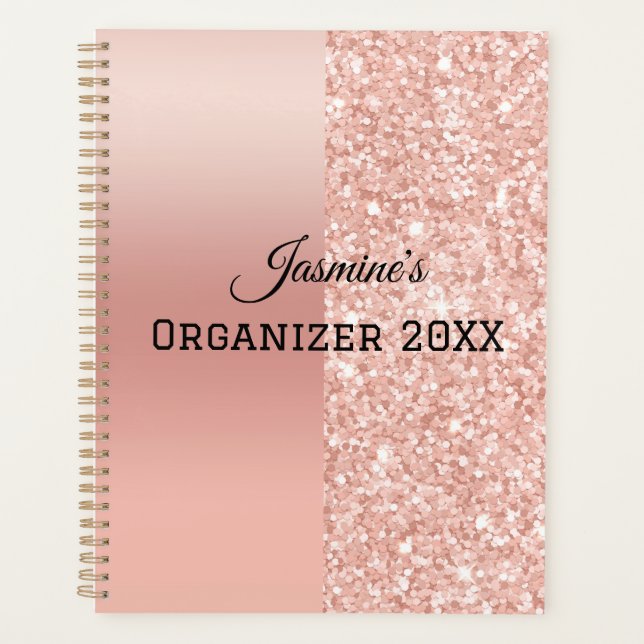 Agenda Sparkle rosa Dourado com Rosa de Nome Personalizad (Frente)