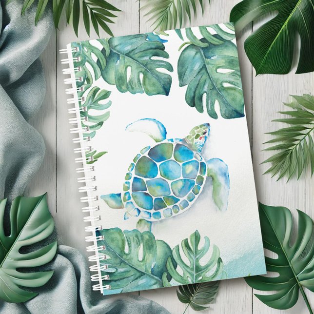 Agenda Tartaruga Tropical de Cores Aquáticas (Planner features watercolor sea turtle and tropical monstera palm leaf art by Victoria Grigaliunas)