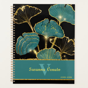 Agenda Teal Dourado Ginkgo Folha de Ginkgo Folha Arte Bot