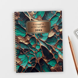 Agenda Teal Elegante e Mármore Dourado com placa de bronz