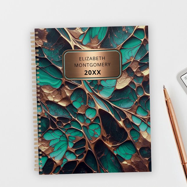 Agenda Teal Elegante e Mármore Dourado com placa de bronz (Criador carregado)