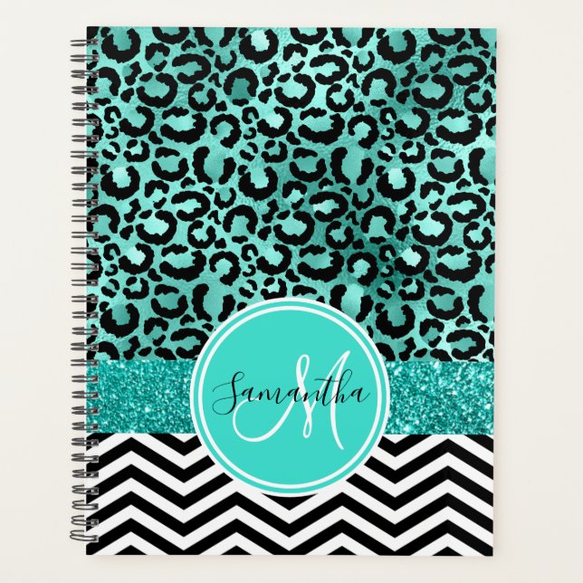 Agenda Teal Turquoise Faux Glitter Leopard Imprimir Monog (Frente)