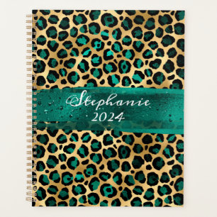 Agenda Teal Verde e Dourado Folha de Leopardo Pincelada