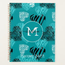Teal White Zebra Print Hearts Monograma