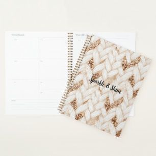 Agenda Tecido Falso Branco Tecido com Brilho Dourado
