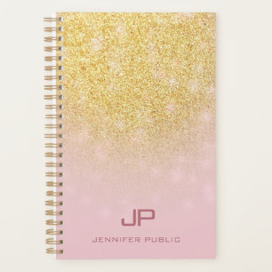 Agenda Tendência Dourada Glitter Elegante Nome do Monogr