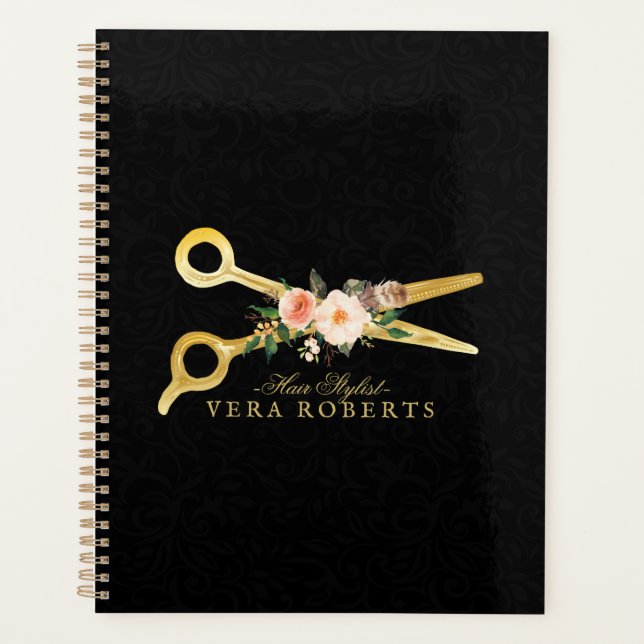 Agenda Tesoura Dourada do Cabelo Estilista Preta Damasco  (Frente)