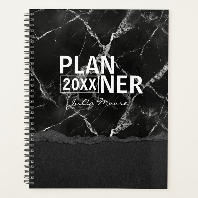 Agenda Textura de Mármore Preto Personalizada  (Frente)