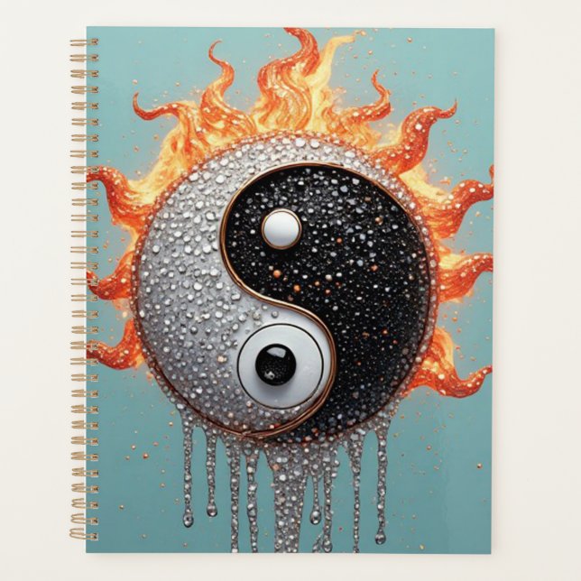 Agenda Textura Ornamental Dourada Yin Yang Turquesa (Frente)