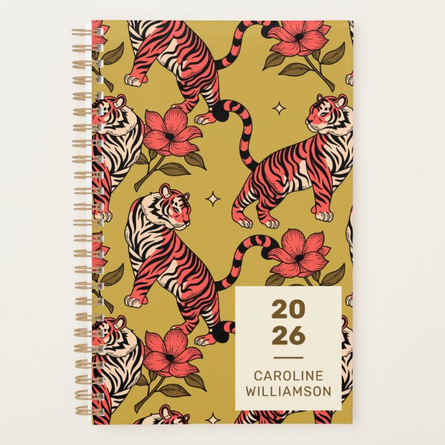 Agenda Tigre Laranja Amarelo Floral Grande Gato Personali (Frente)