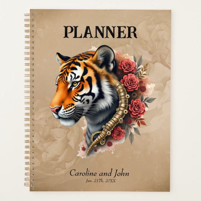 Agenda Tigre Steampunk com Ilustração de Rosas. (Frente)