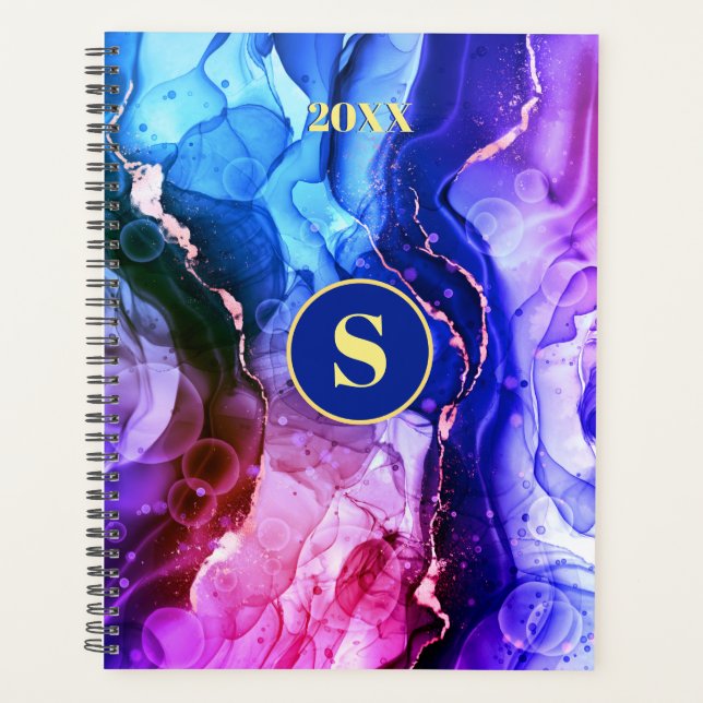 Agenda Tinta Líquida Violeta Vermelha Roxa Azul, Monogram (Frente)