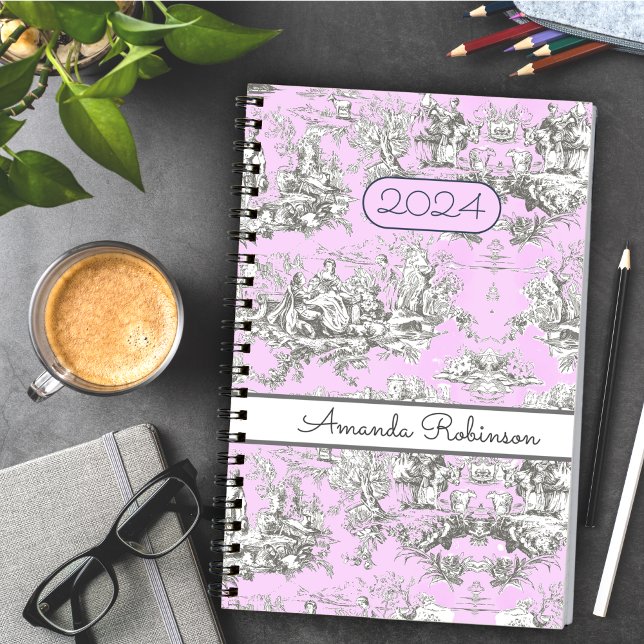 Agenda Toile de Jouy Floral Rosa Vintage Monograma (Criador carregado)