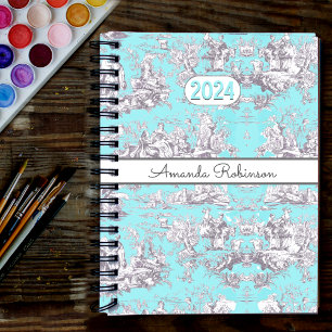 Agenda Toile De Jouy Monograma Floral Azul Aqua Vintage