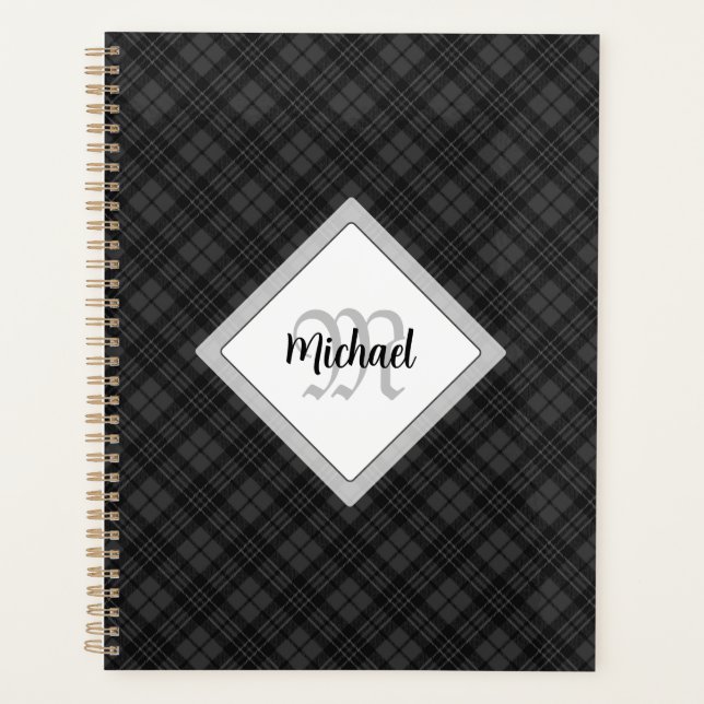 Agenda Trendy Black White Tartan Personalize Monograma (Frente)