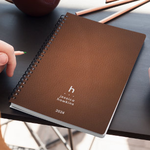 Agenda Trendy Brown Leather Modern Monogramas Semanalment