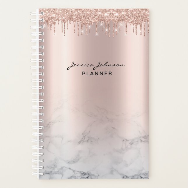 Agenda Trendy Glitter Rosa gold goteja script de mármore (Frente)