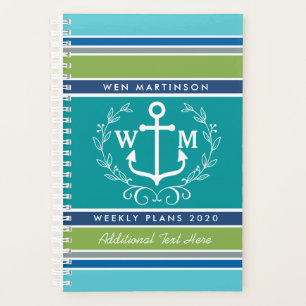 Agenda Trendy Monograma Anchor Laurel Wreath Stripes Aqua