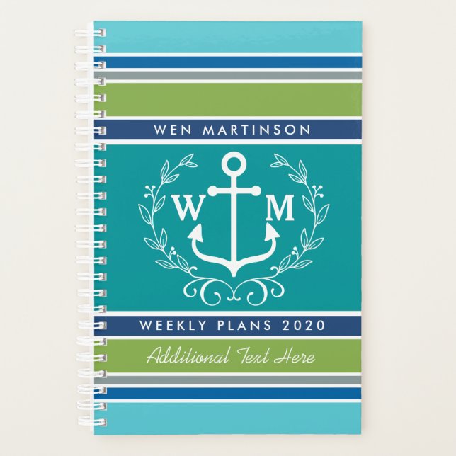 Agenda Trendy Monograma Anchor Laurel Wreath Stripes Aqua (Frente)