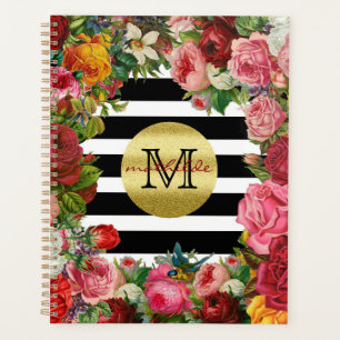 Agenda Trendy Monograma Rosas Flores Douradas Brilhante