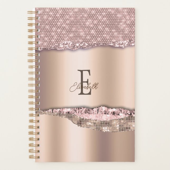 Agenda Trendy Rosa Dourado Diamantes Monograma de Brilho (Frente)