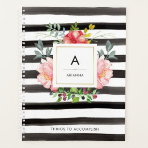 Agenda Trendy Watercolor Peony Flowers Stripes Negras