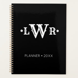 Agenda Três letras monograma, preto e branco elegante