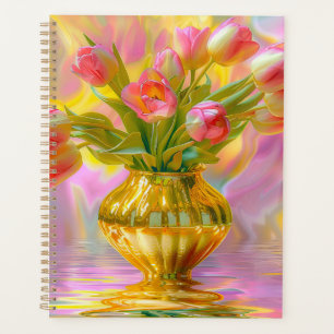 Agenda Tulipas Rosa Vibrante em Vaso Dourado