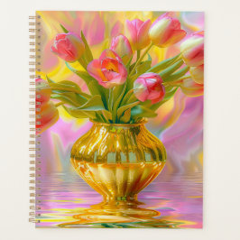 Agenda Tulipas Rosa Vibrante em Vaso Dourado