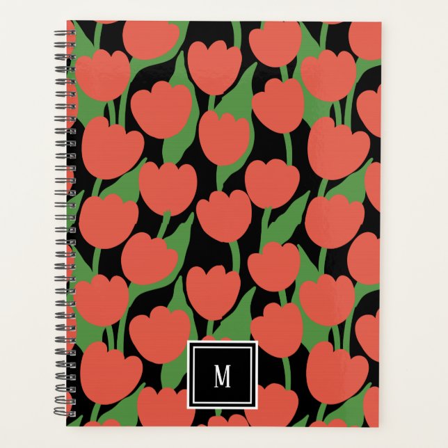 Agenda Tulipas vermelhas retro, monograma personalizado (Frente)