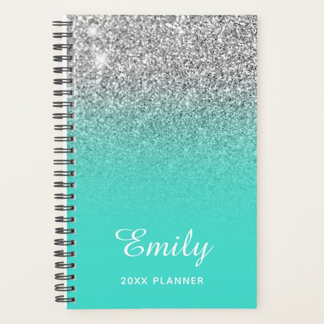Agenda Turquesa Brilho Prateado Ombre Personalizado (Frente)