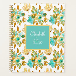 Agenda Turquesa & Floral Personalizado Dourado