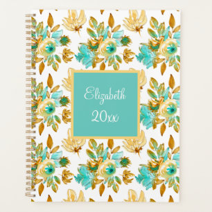 Agenda Turquesa & Floral Personalizado Dourado