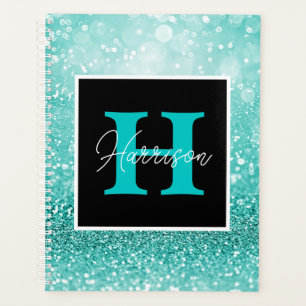 Agenda Turquesa Glitter Glam Monograma Nome Personalizado