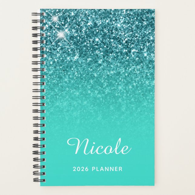 Agenda Turquesa Verde Água Brilho Ombre Personalizado (Frente)