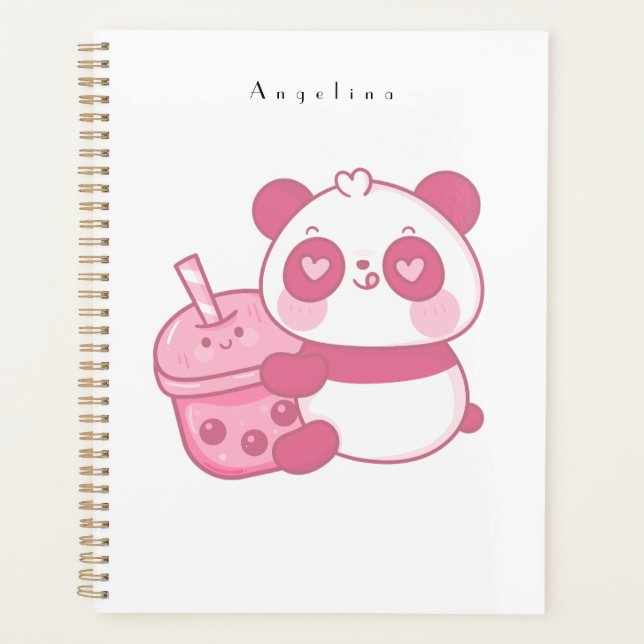 Agenda Urso-Panda Rosa Kawaii, Bonito, Com Bebida (Frente)
