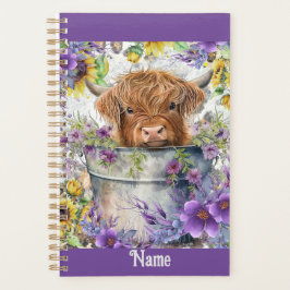 Agenda Vaca Hiland Personalizada com Flores Roxas