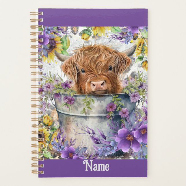 Agenda Vaca Hiland Personalizada com Flores Roxas (Frente)