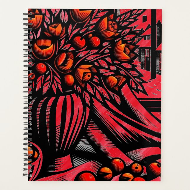 Agenda Vaso Vermelho e Preto com Flores Vibrantes (Frente)