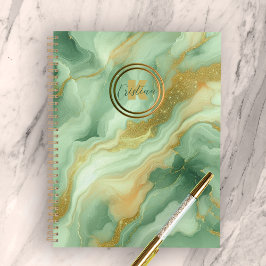 Agenda Verde Marble Dourado Veias Luminosas Nome Inicial