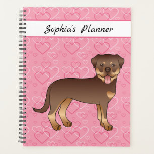 Agenda Vermelho E Tan Rottweiler Em Corações E Texto Rosa