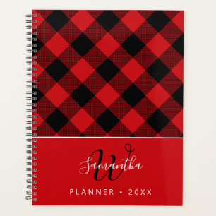 Agenda Vermelho Rústico Preto Plaid Búfalo Monogramado 20