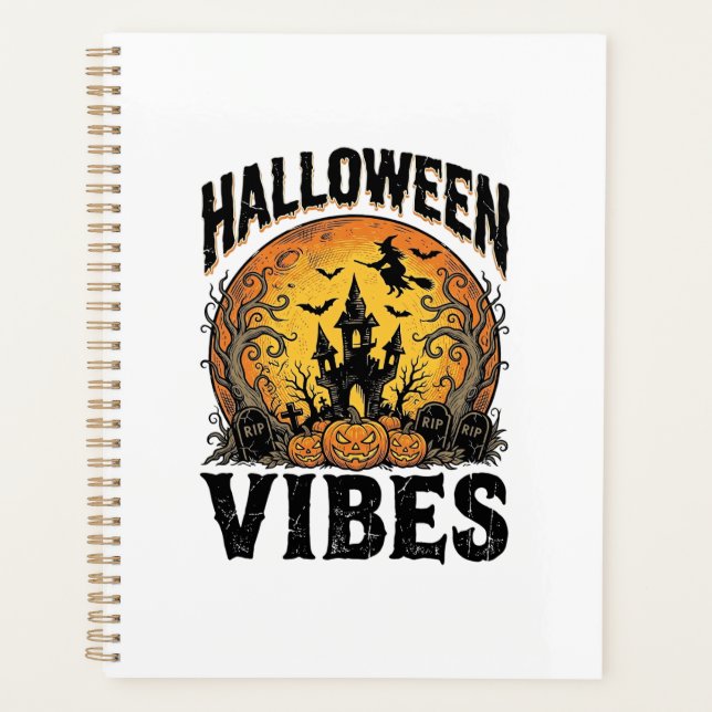 Agenda Vibrações de Halloween Camisa Vintage Lua Assombra (Frente)